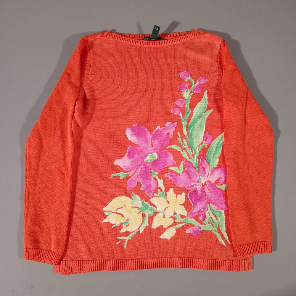 Lauren Ralph Lauren Sweater Womens Large Orange Floral Linen Cotton Knit Top